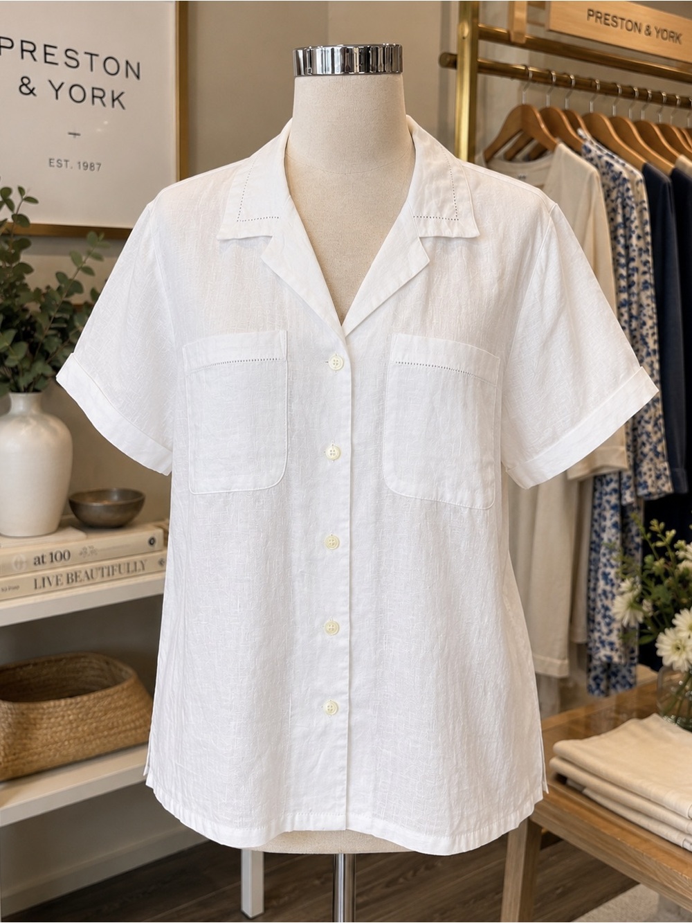 NWT Preston & York 100% Linen Off White Button Front Camp Shirt Blouse Small